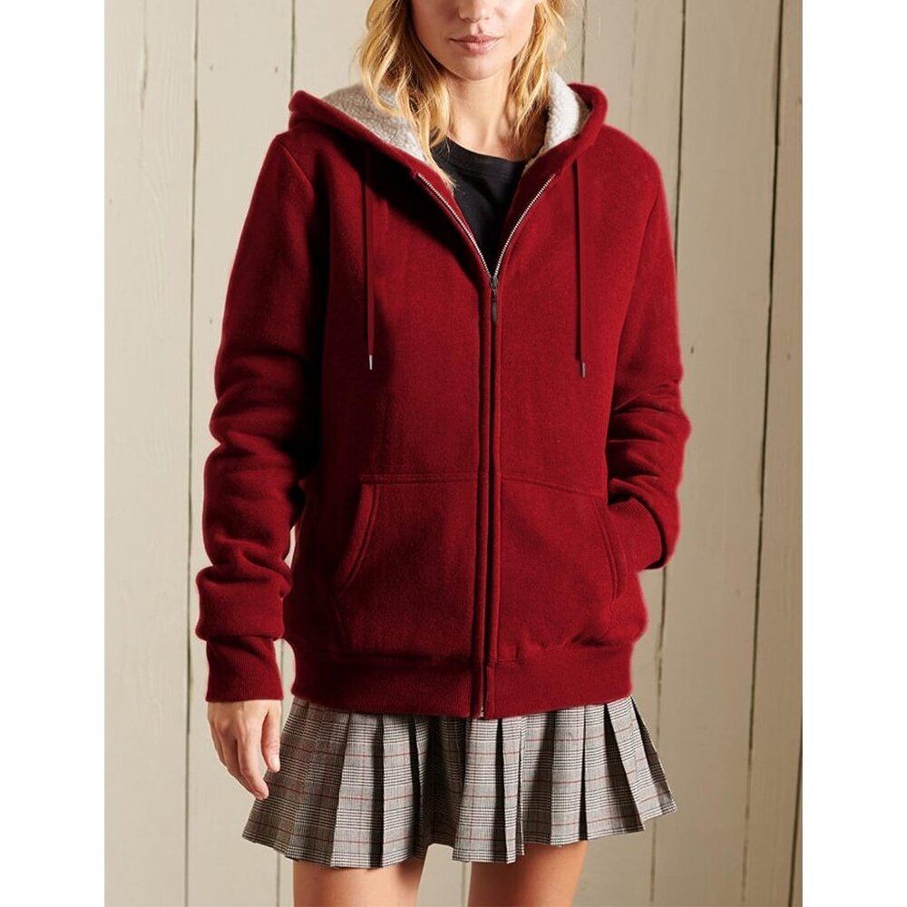 Women's Winered Casual Full Zip Sherpa Lined Hoodie Sweatshirt Jacket Coat - Picture 2 of 6